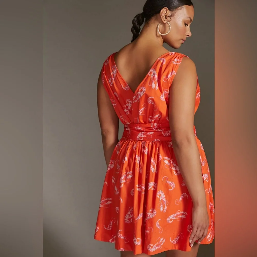 ANTHROPOLOGIE Maeve‎ Mainely Lobster Wrap Dress Vibrant Orange Red lobster S